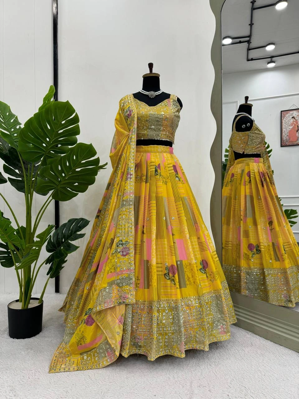 Yellow Chinon Silk Lehenga Choli-Yellow-1