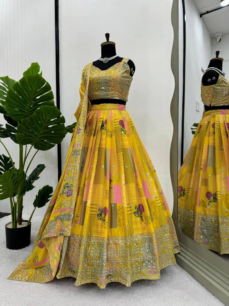 Yellow Chinon Silk Lehenga Choli-Yellow-2