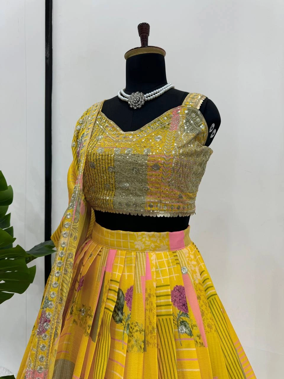 Yellow Chinon Silk Lehenga Choli-Yellow-3