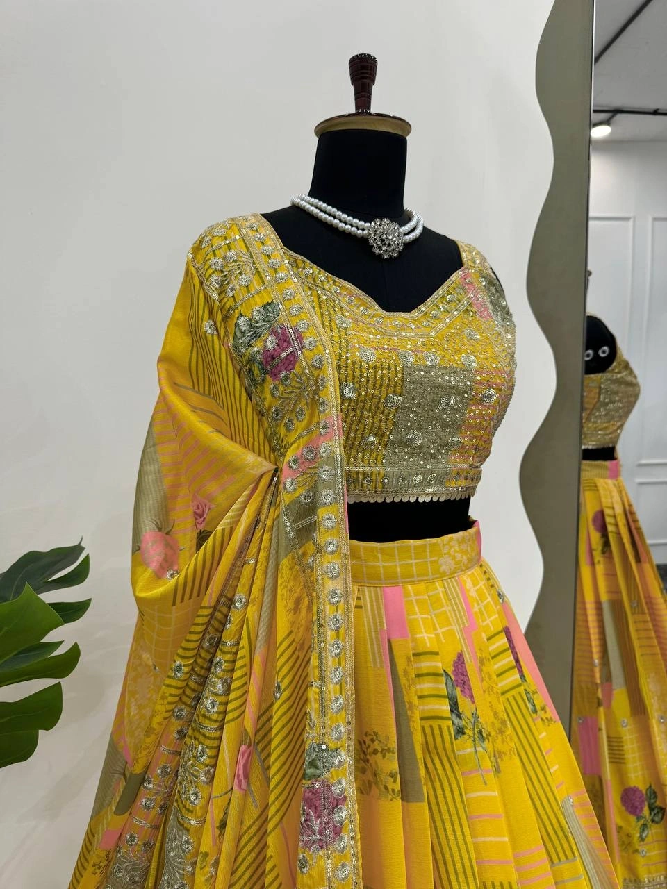 Yellow Chinon Silk Lehenga Choli-Yellow-4