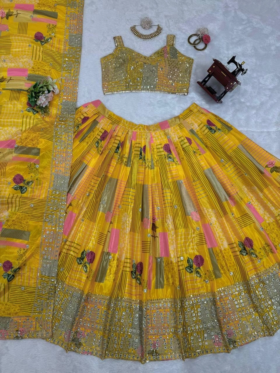 Yellow Chinon Silk Lehenga Choli-Yellow-5