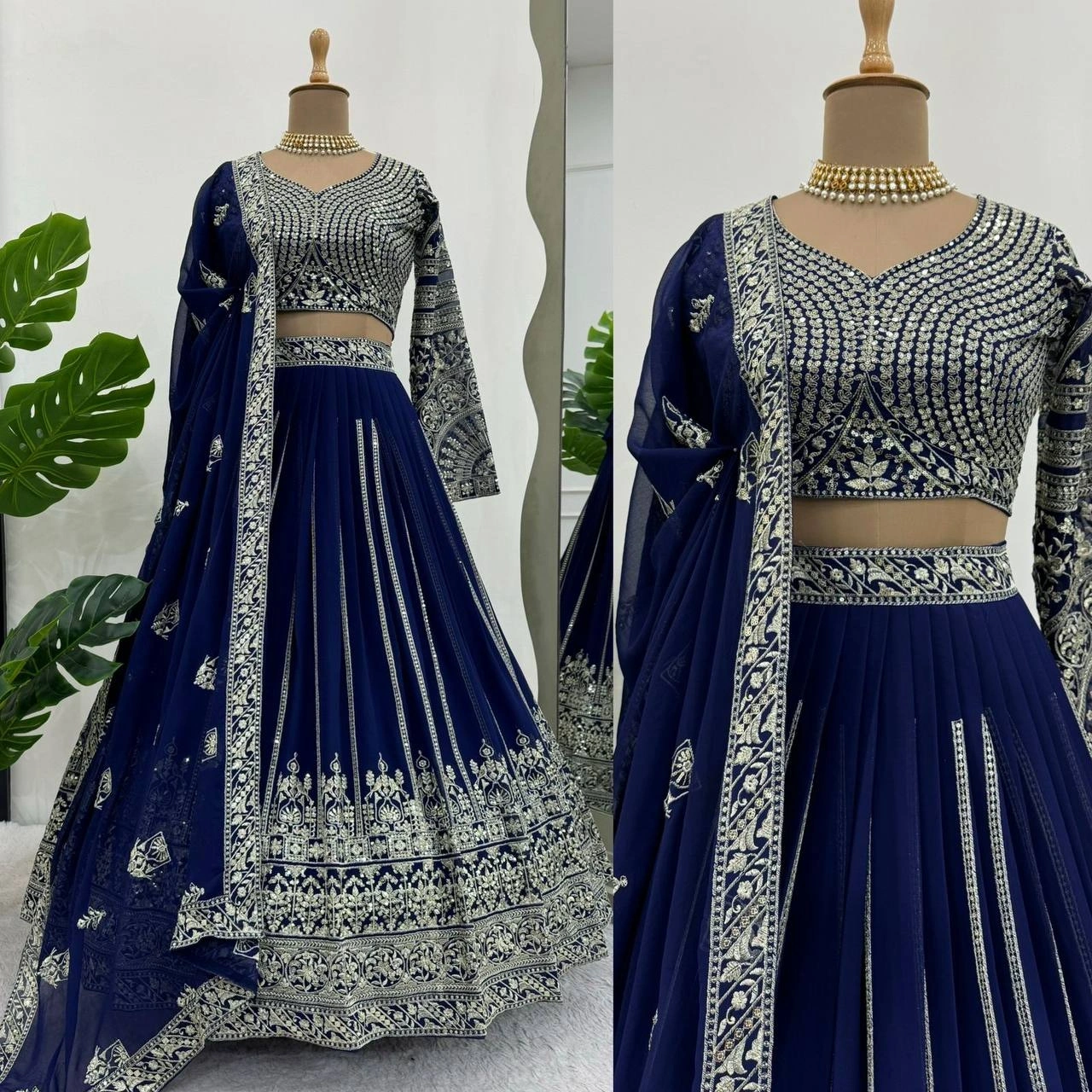 Blue Charcoal Georgette Lehenga Choli with Intricate Thread Work-QRC294