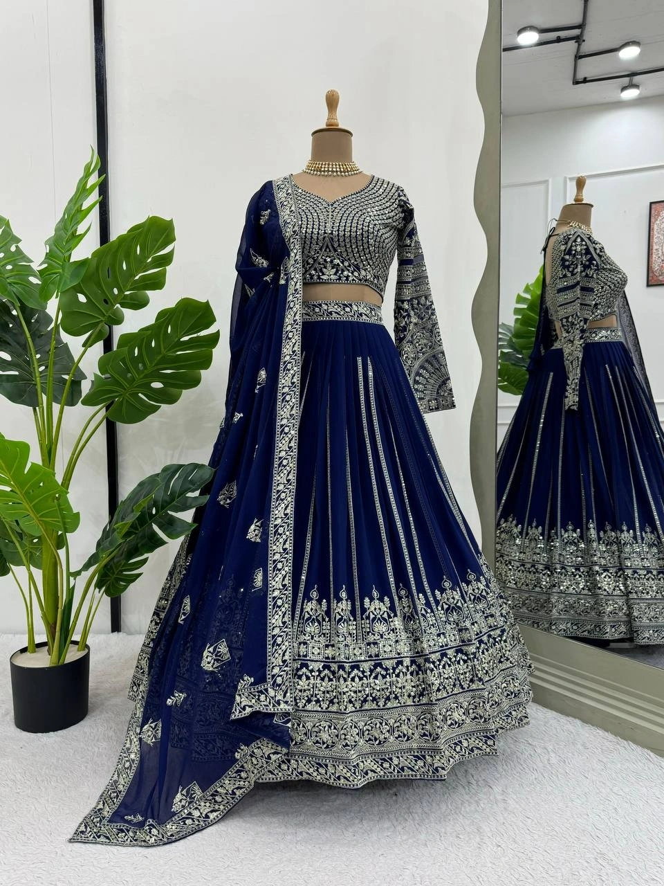 Blue Charcoal Georgette Lehenga Choli with Intricate Thread Work-Blue-1