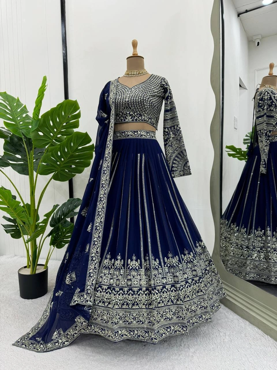 Blue Charcoal Georgette Lehenga Choli with Intricate Thread Work-Blue-2