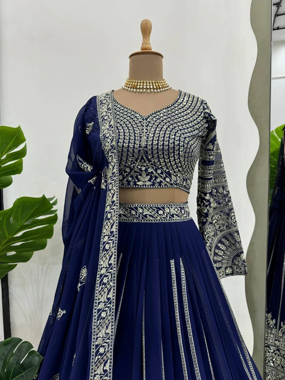 Blue Charcoal Georgette Lehenga Choli with Intricate Thread Work-Blue-3