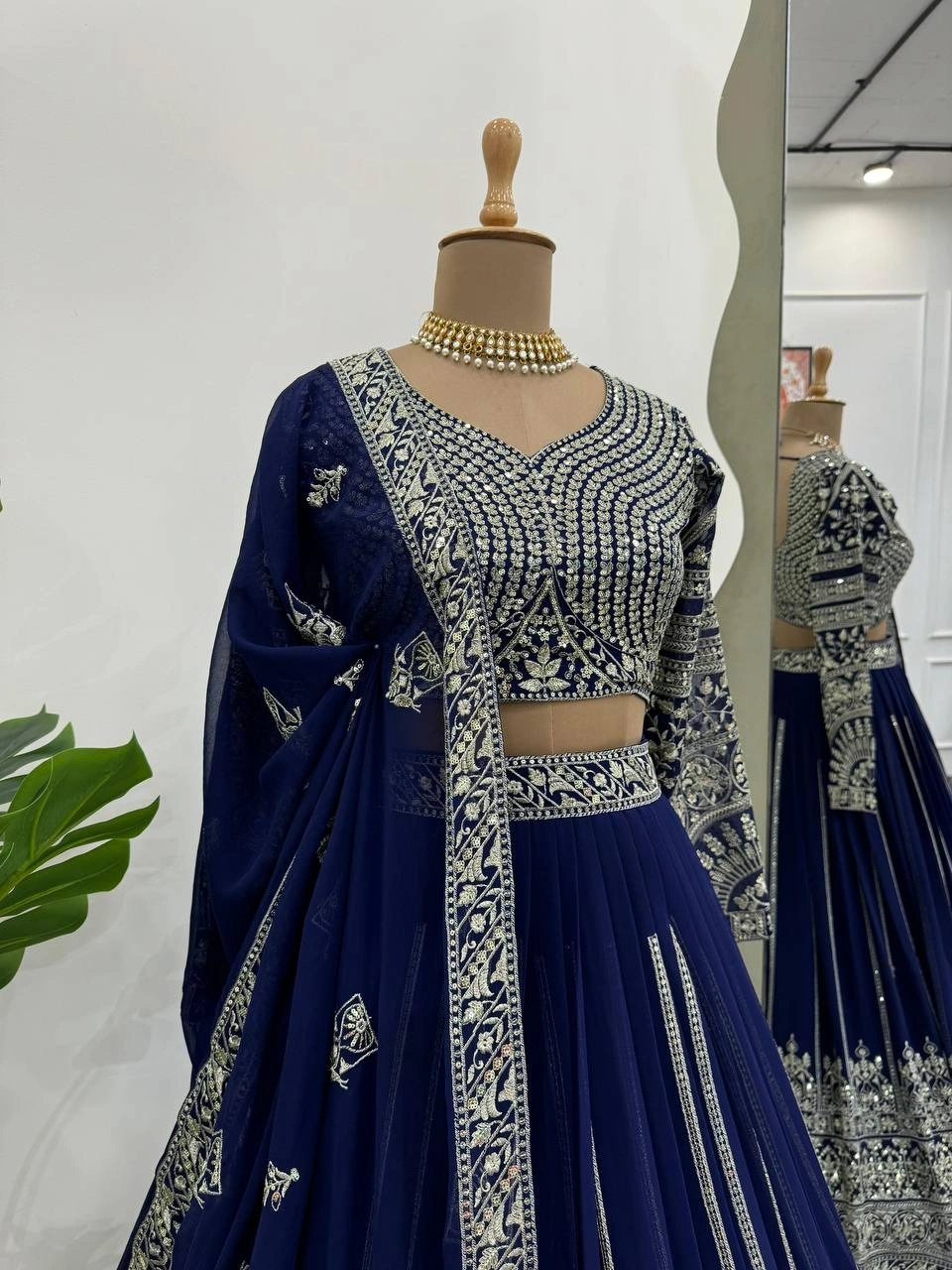 Blue Charcoal Georgette Lehenga Choli with Intricate Thread Work-Blue-4