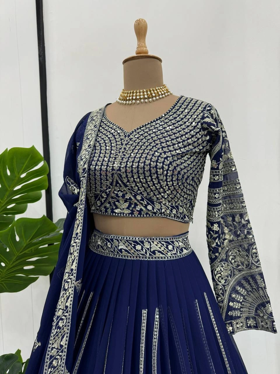 Blue Charcoal Georgette Lehenga Choli with Intricate Thread Work-Blue-5