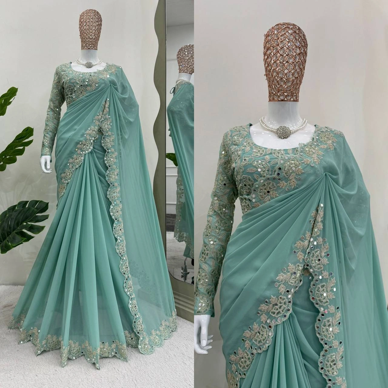 Exquisite Georgette Saree with Coding &amp; Sequence Work-KD-519-Green