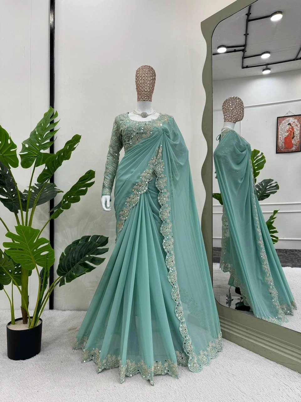 Exquisite Georgette Saree with Coding &amp; Sequence Work-Green-1