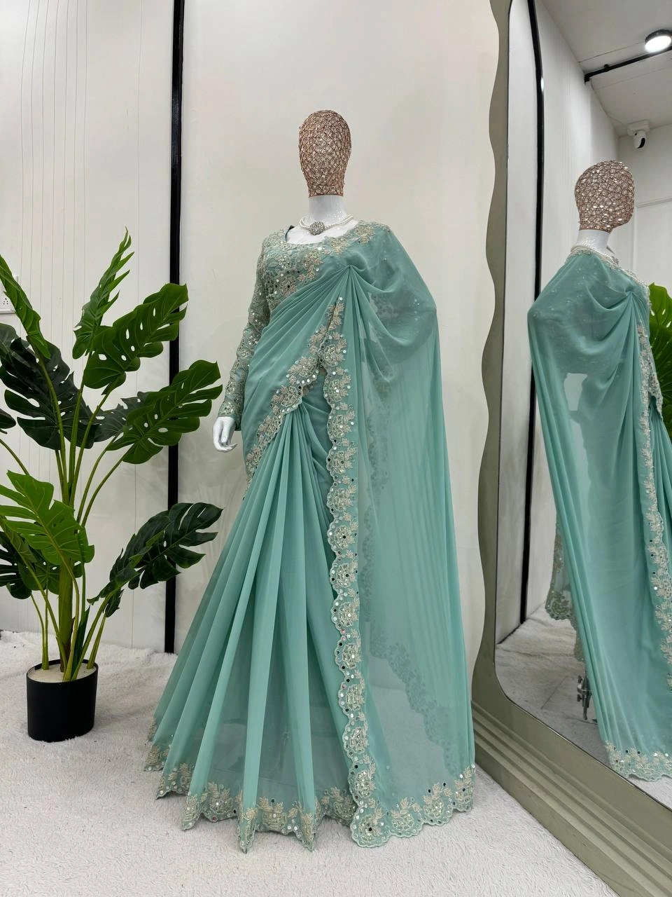 Exquisite Georgette Saree with Coding &amp; Sequence Work-Green-2