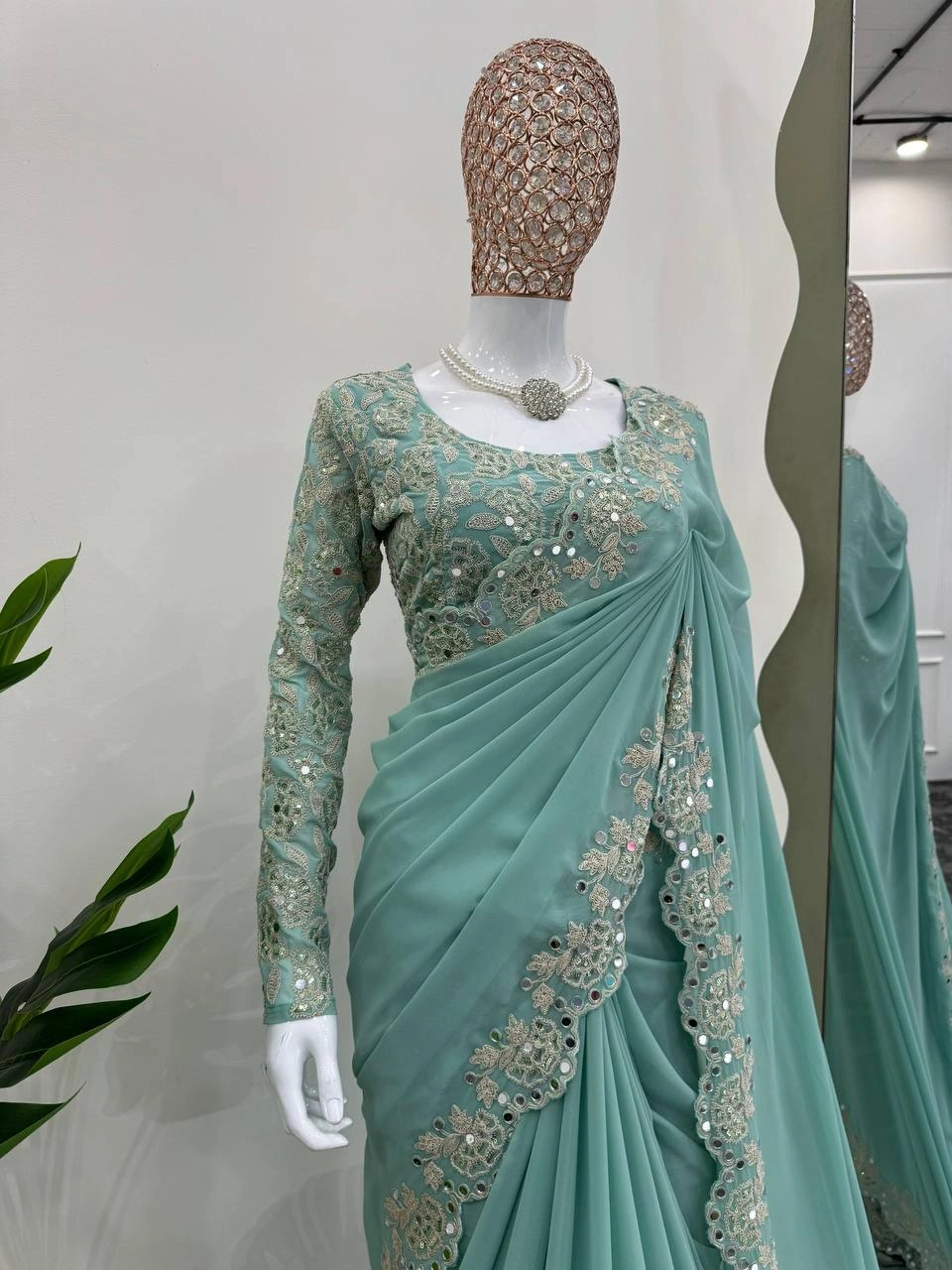 Exquisite Georgette Saree with Coding &amp; Sequence Work-Green-3