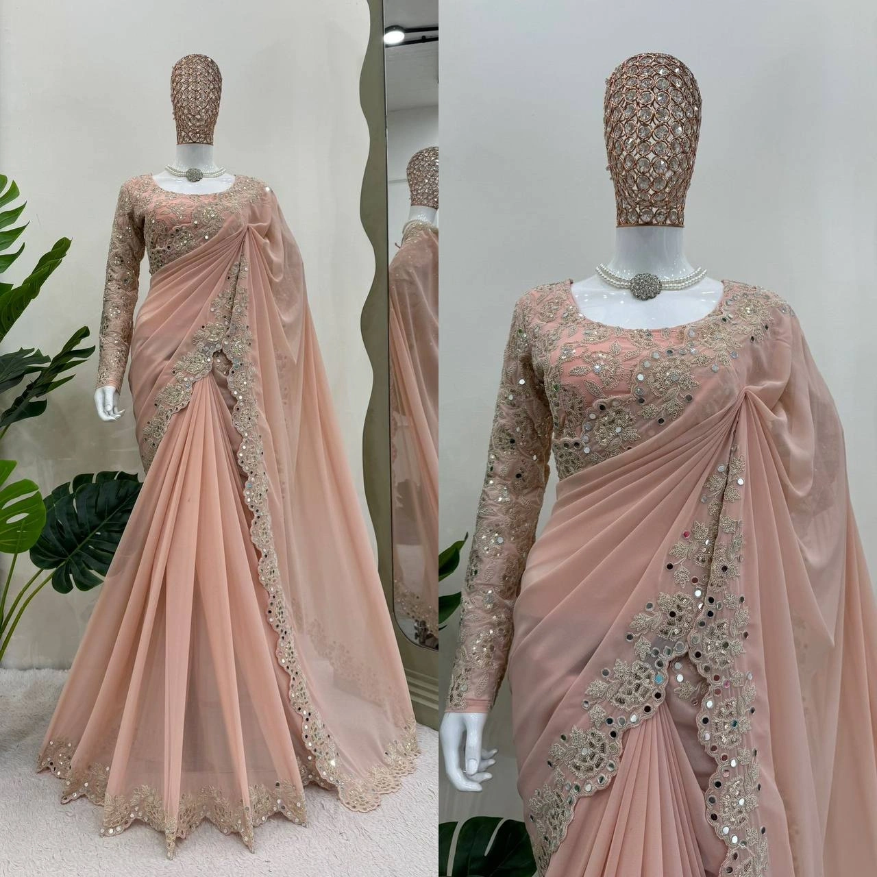 Exquisite Georgette Saree with Coding &amp; Sequence Work-KD-519-Pink