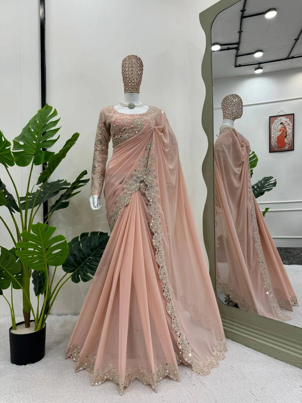 Exquisite Georgette Saree with Coding &amp; Sequence Work-Pink-1