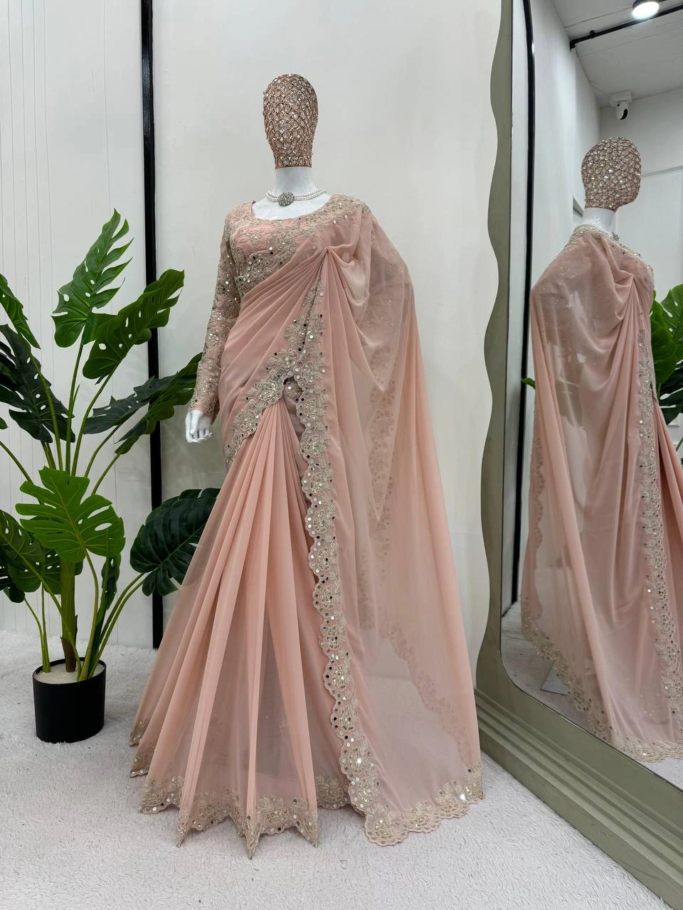 Exquisite Georgette Saree with Coding &amp; Sequence Work-Pink-2