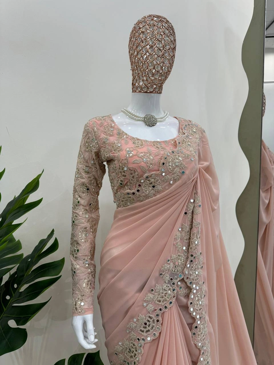 Exquisite Georgette Saree with Coding &amp; Sequence Work-Pink-3