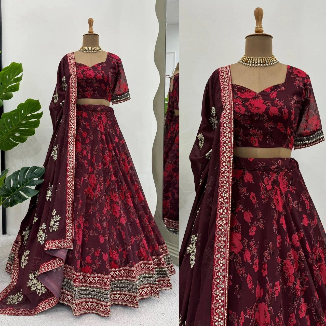 Red Georgette Lehenga with Digital Print and Thread Work-QRC296