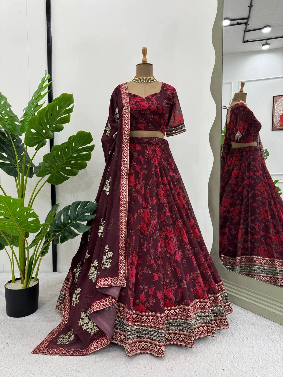 Red Georgette Lehenga with Digital Print and Thread Work-Red-1