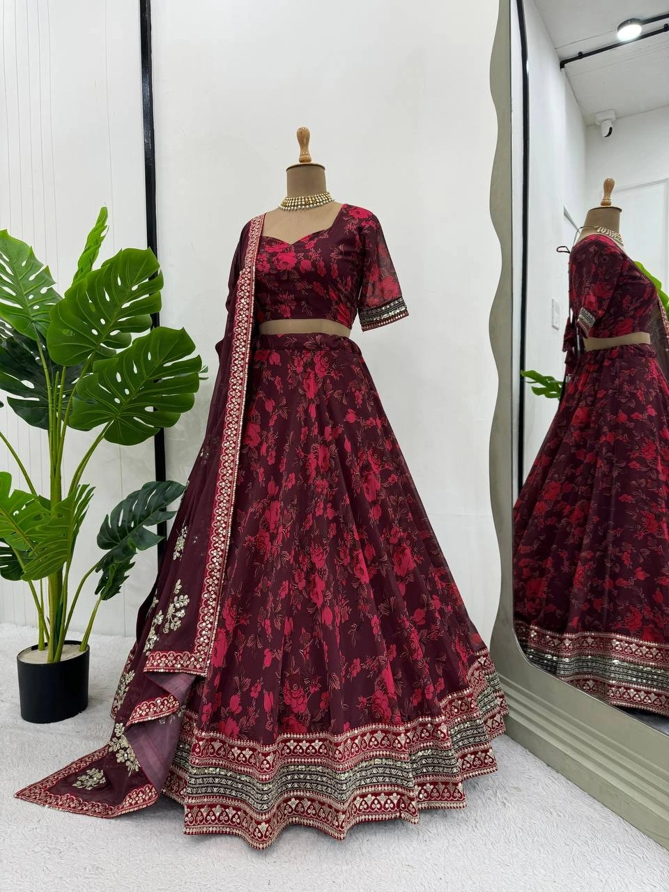 Red Georgette Lehenga with Digital Print and Thread Work-Red-2