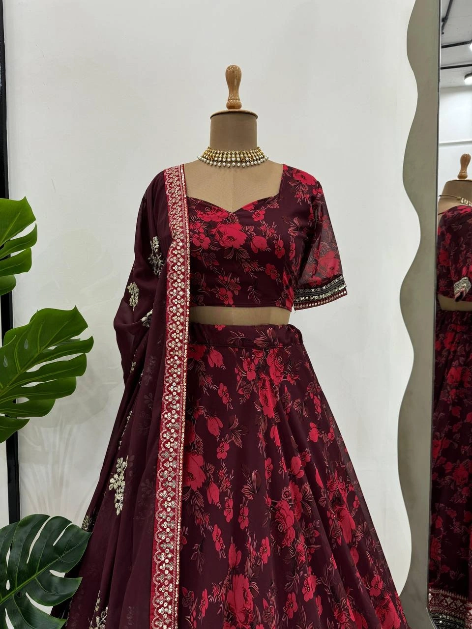 Red Georgette Lehenga with Digital Print and Thread Work-Red-3