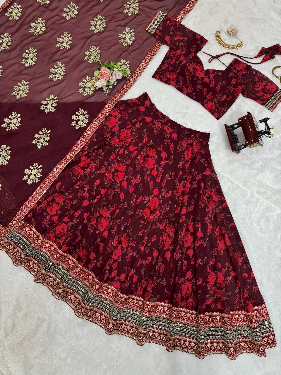 Red Georgette Lehenga with Digital Print and Thread Work-Red-5