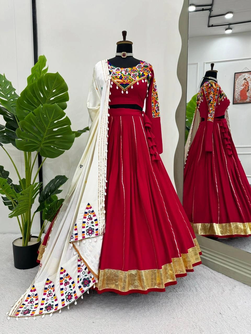 Stunning Red Color Rayon Lehenga with Chainstitch Work-Red-1