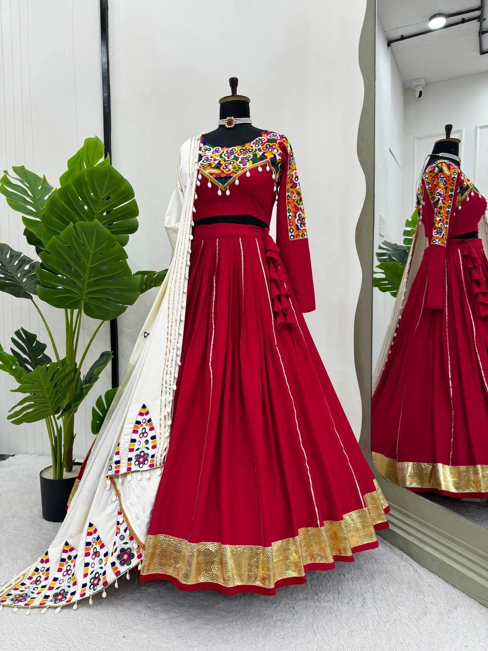 Stunning Red Color Rayon Lehenga with Chainstitch Work-Red-2