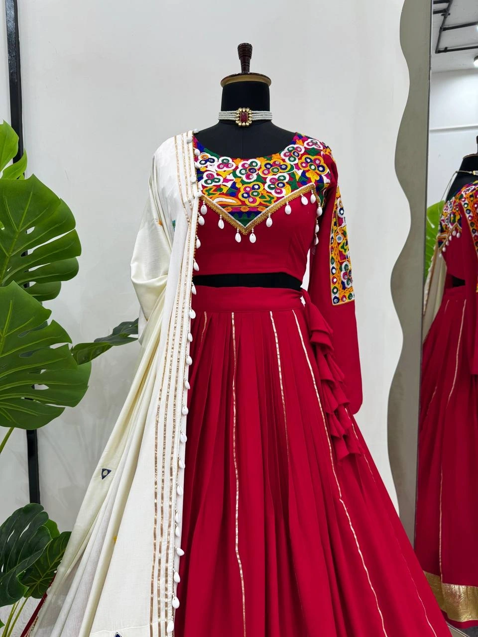 Stunning Red Color Rayon Lehenga with Chainstitch Work-Red-3