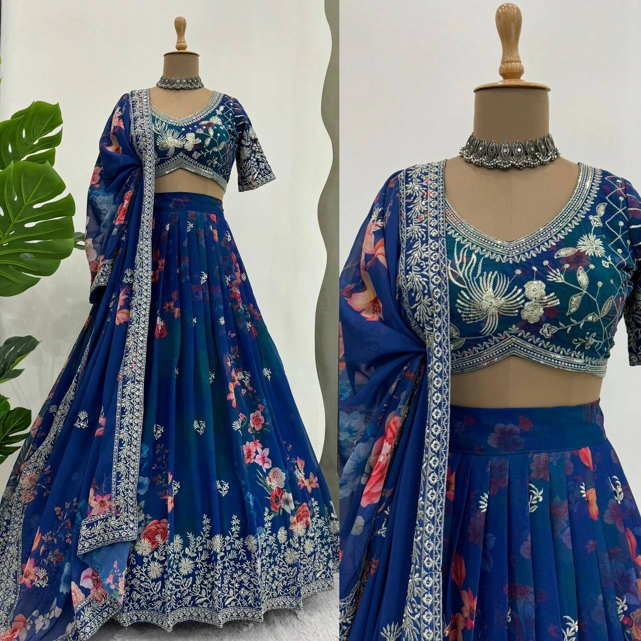 Cyan Color Georgette Lehenga with Digital Print and Thread Work-QRC298