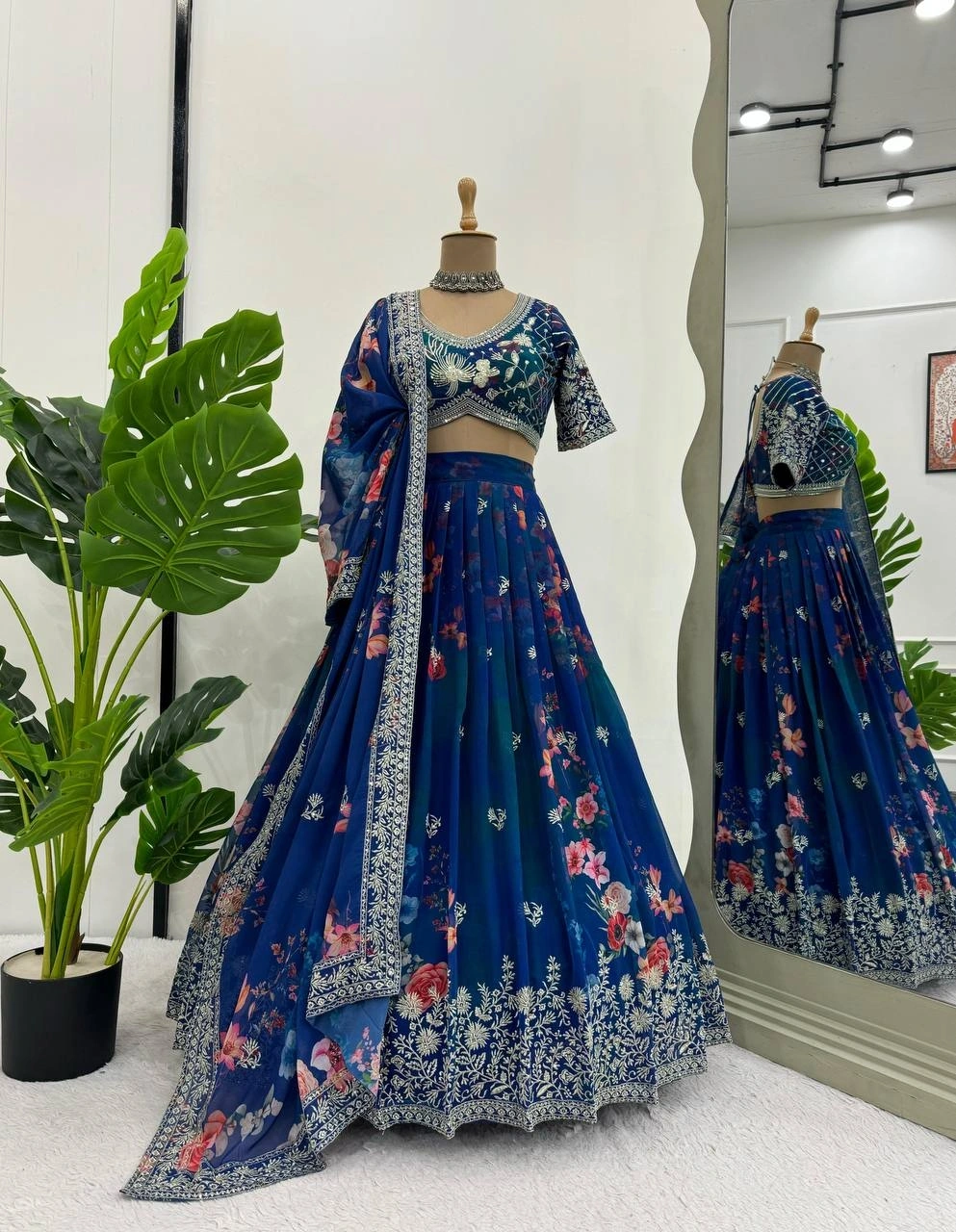 Cyan Color Georgette Lehenga with Digital Print and Thread Work-Cyan-1