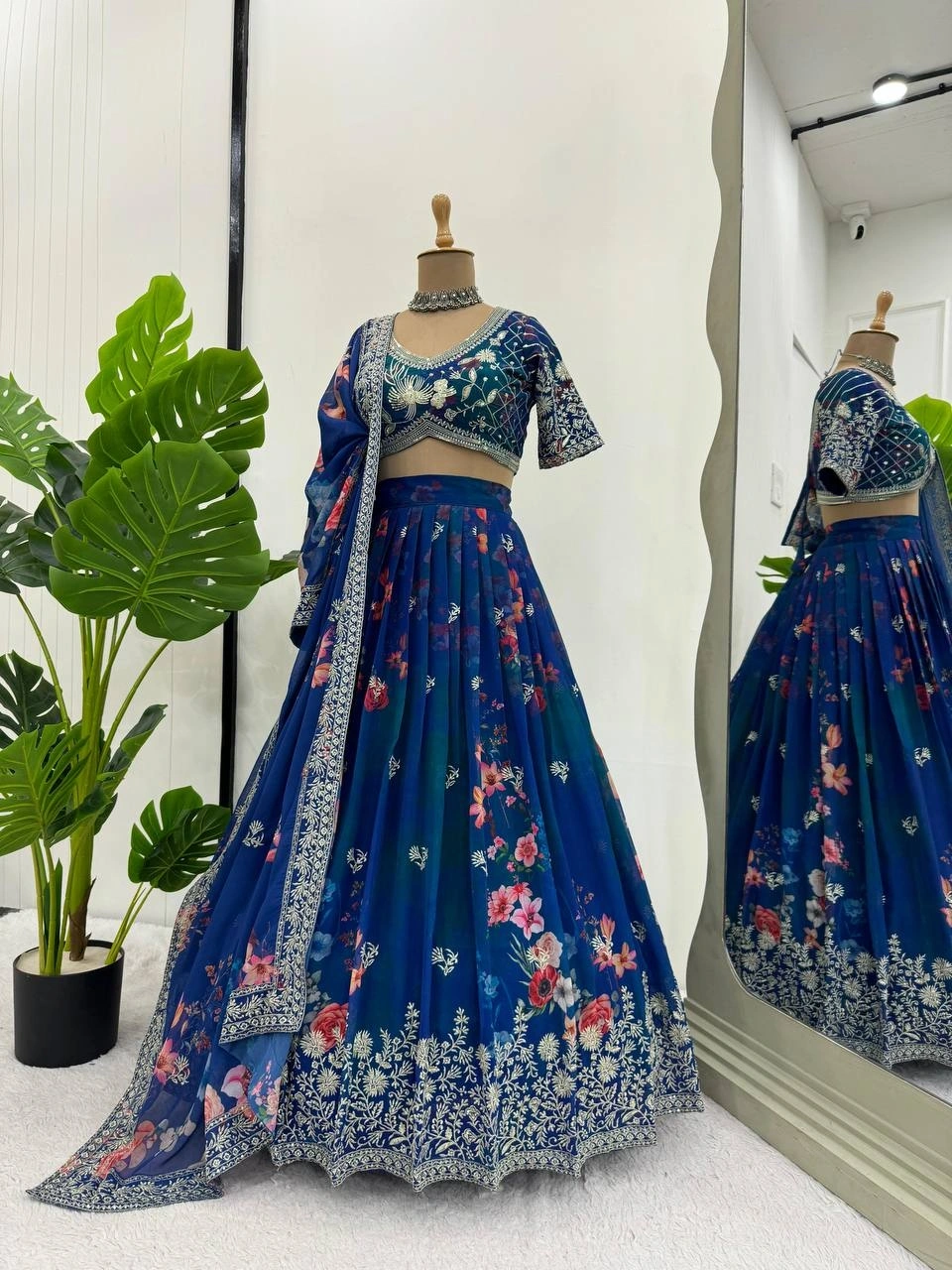 Cyan Color Georgette Lehenga with Digital Print and Thread Work-Cyan-2