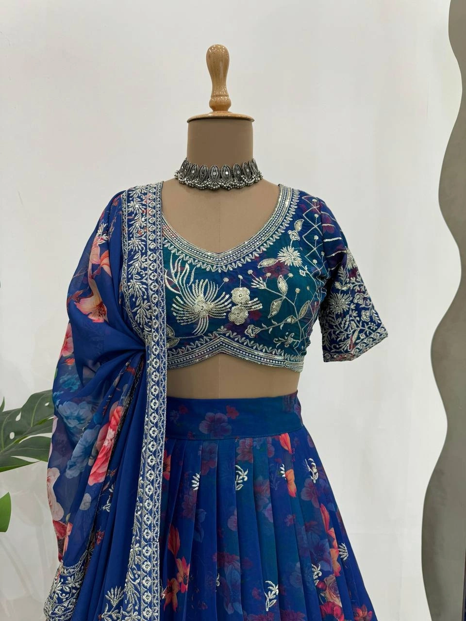 Cyan Color Georgette Lehenga with Digital Print and Thread Work-Cyan-3