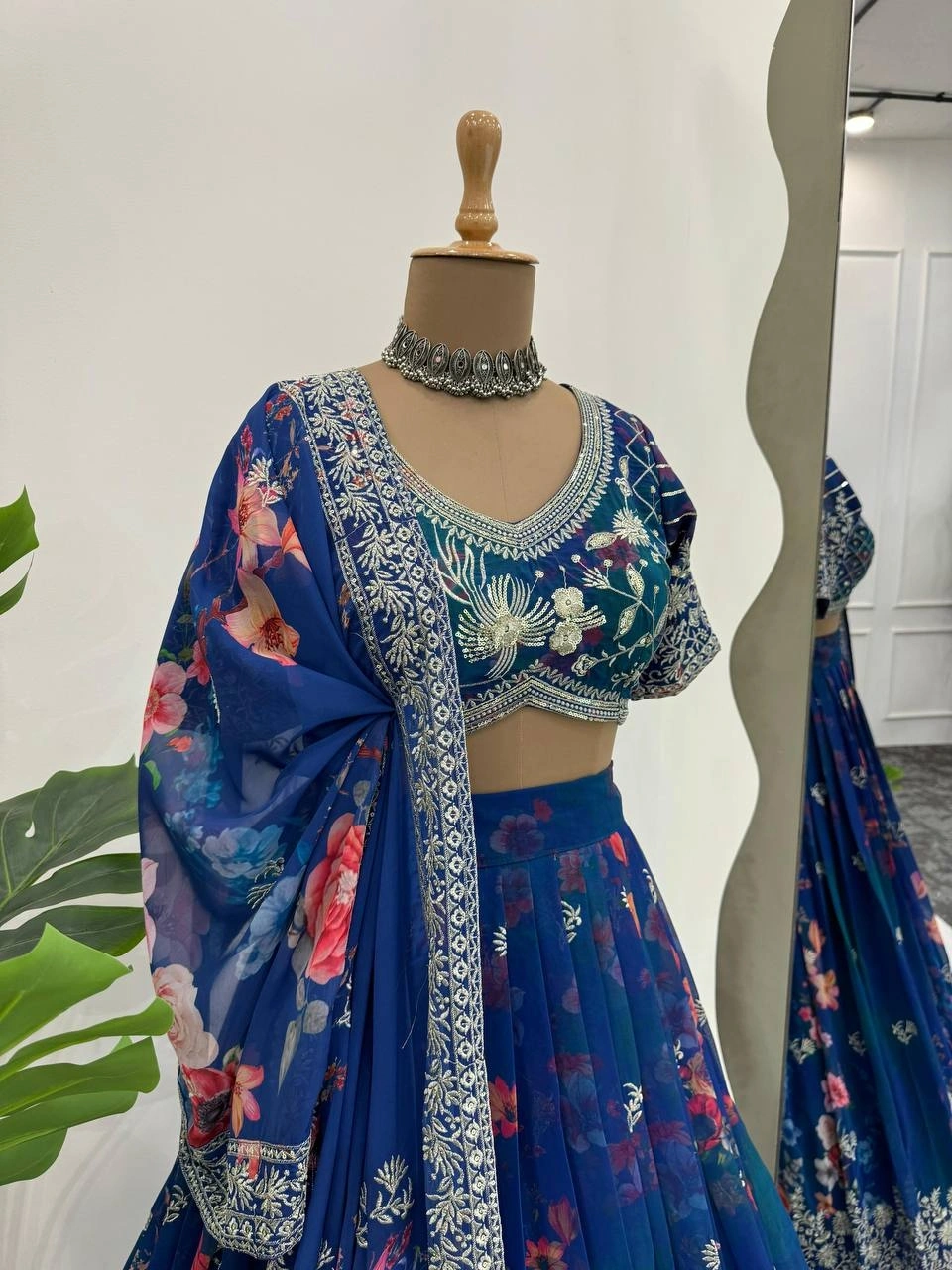 Cyan Color Georgette Lehenga with Digital Print and Thread Work-Cyan-5