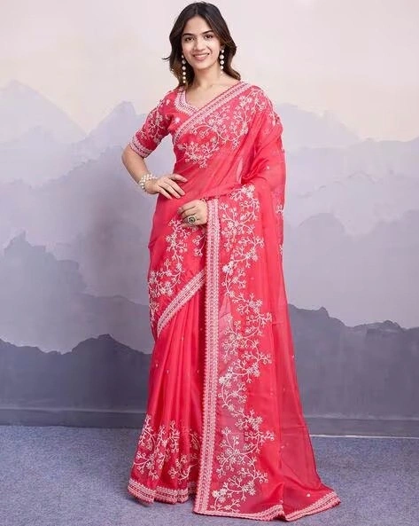 Pink Embroidered Tabby Silk Saree Set-NX-494