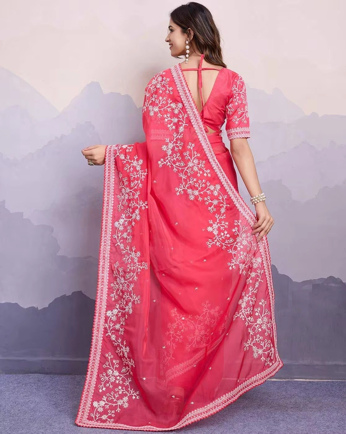 Pink Embroidered Tabby Silk Saree Set-Pink-1