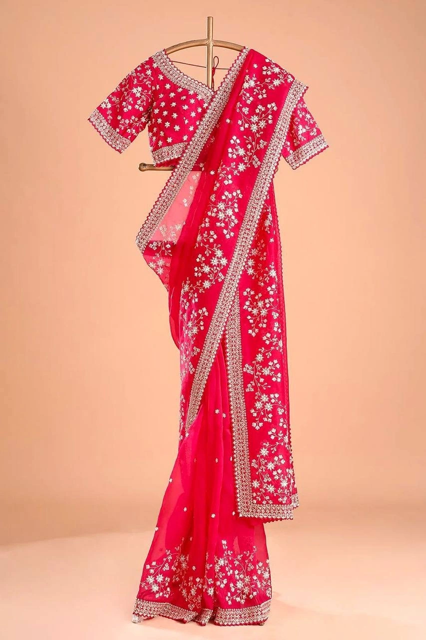 Pink Embroidered Tabby Silk Saree Set-Pink-2