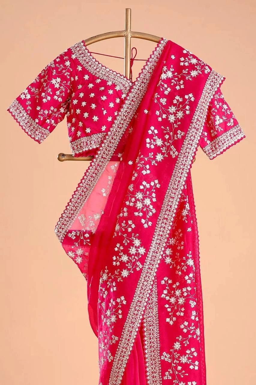 Pink Embroidered Tabby Silk Saree Set-Pink-3