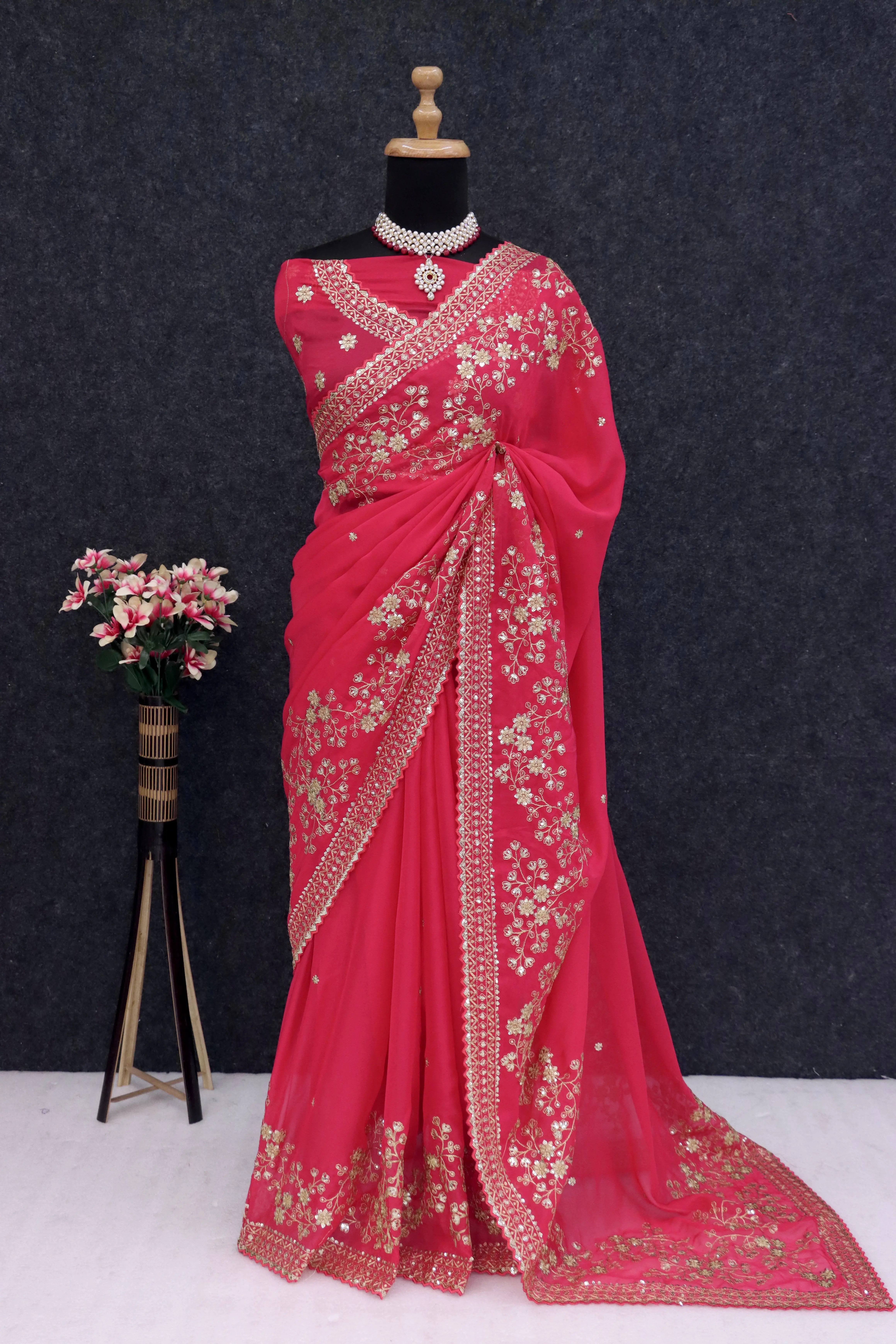 Pink Embroidered Tabby Silk Saree Set-Pink-4