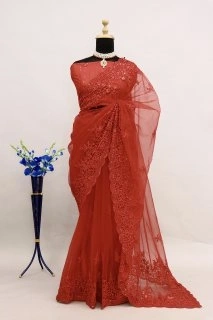 Radiant Red Mono Butterfly Net Saree-Red-4