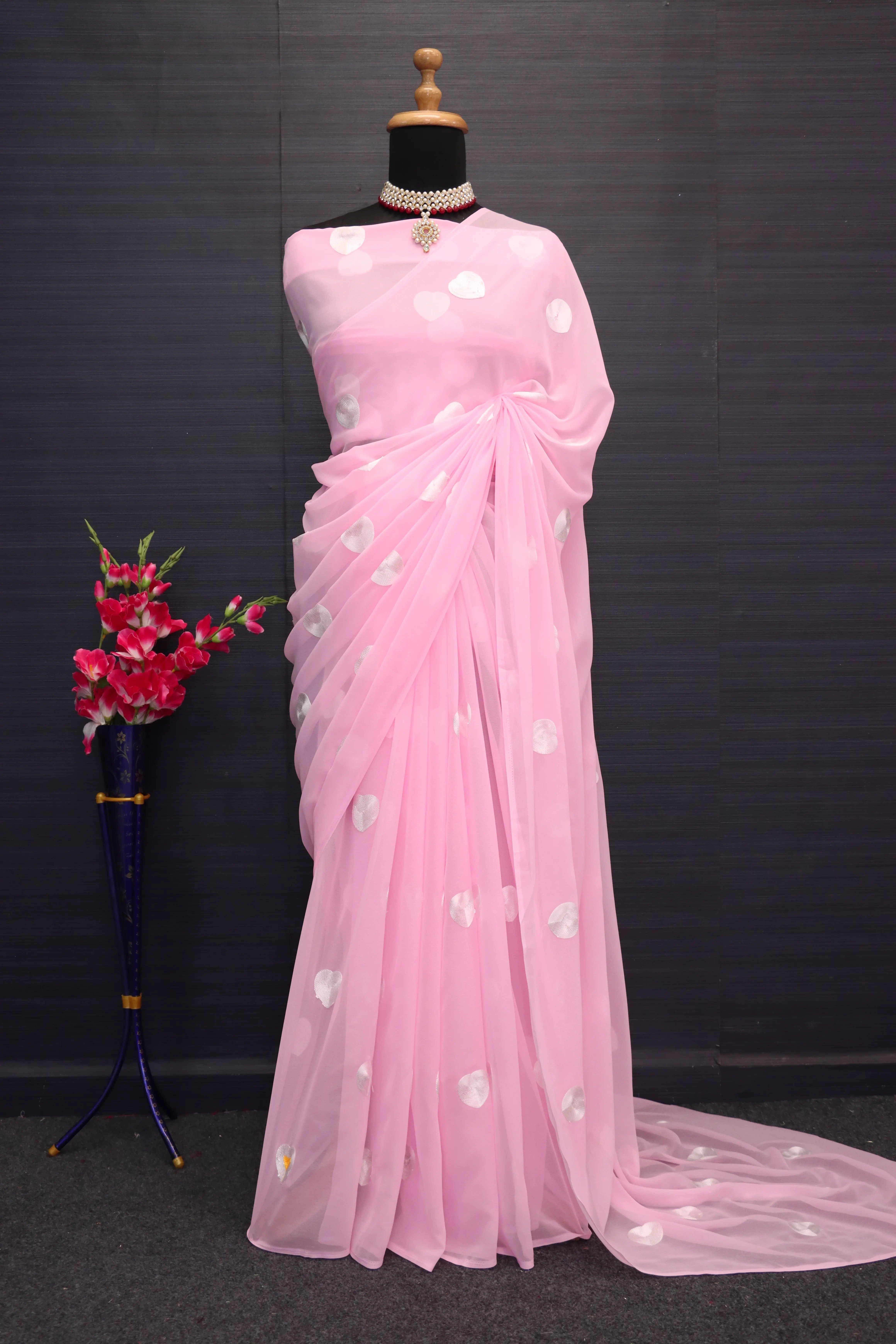 Heartfelt Elegance Georgette Saree with Heart Embroidery-Pink-4