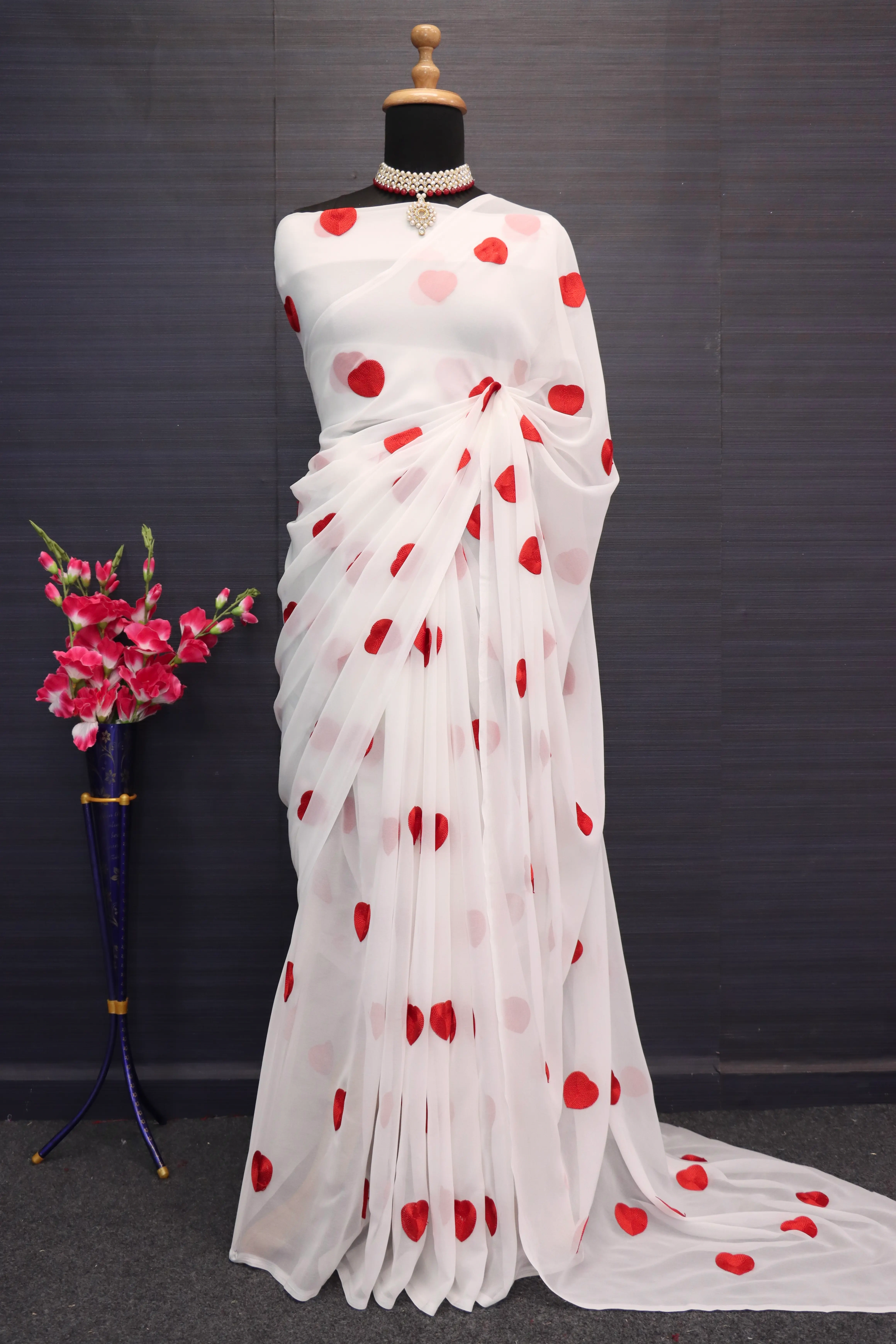 Heartfelt Elegance Georgette Saree with Heart Embroidery-White-4