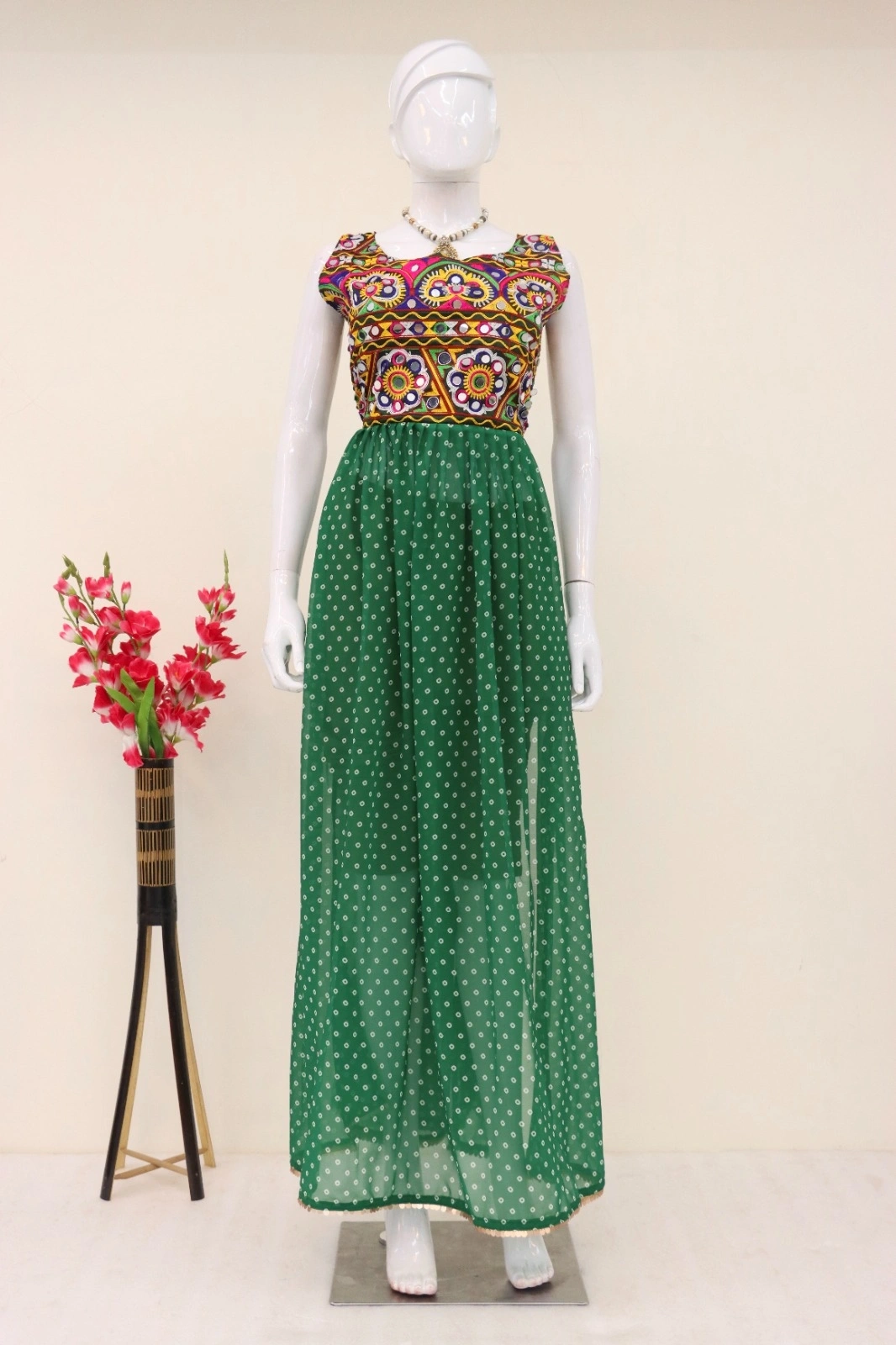 Navratri Green Georgette Top with Mirror Work-M-Green-4