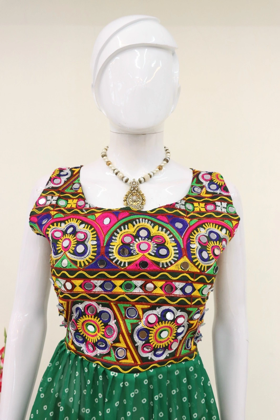 Navratri Green Georgette Top with Mirror Work-L-Green-3