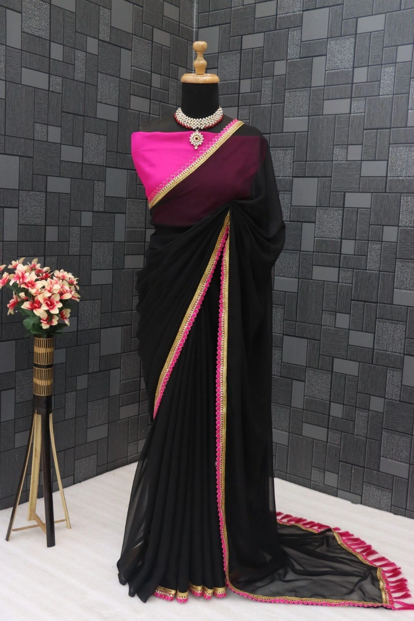 Elegant Designer Georgette Saree with Tafeta Silk Blouse-Black-2