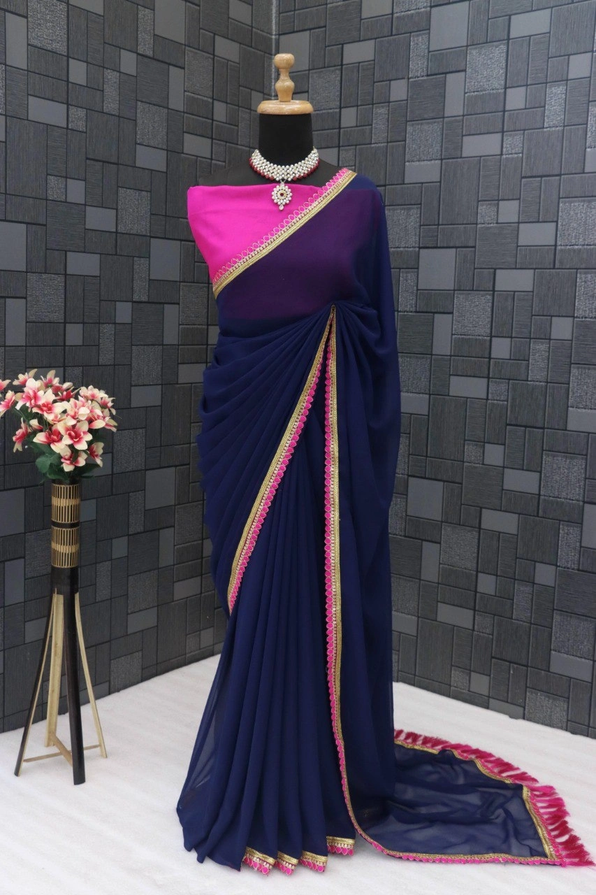 Elegant Designer Georgette Saree with Tafeta Silk Blouse-Blue-2