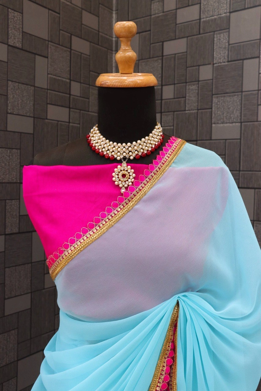 Elegant Designer Georgette Saree with Tafeta Silk Blouse-Cyan-1