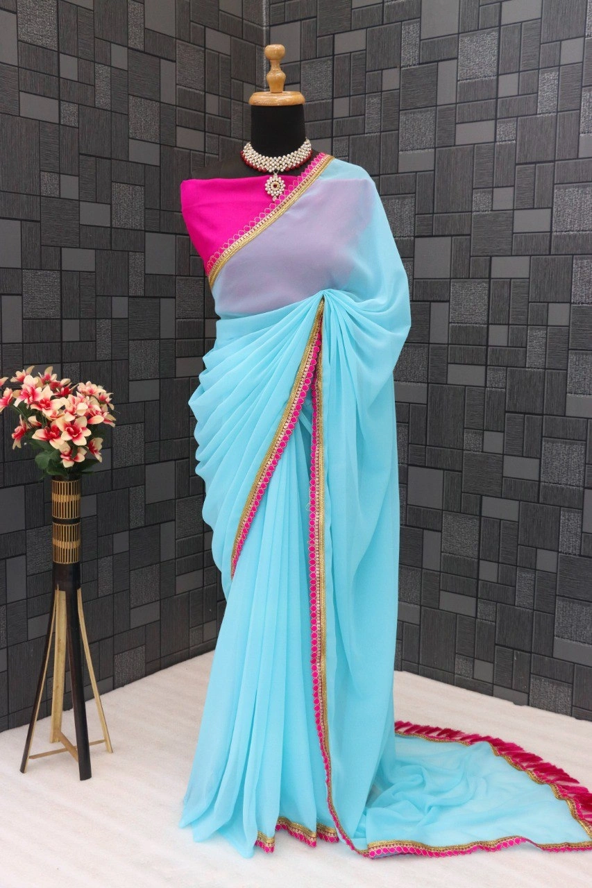 Elegant Designer Georgette Saree with Tafeta Silk Blouse-Cyan-2