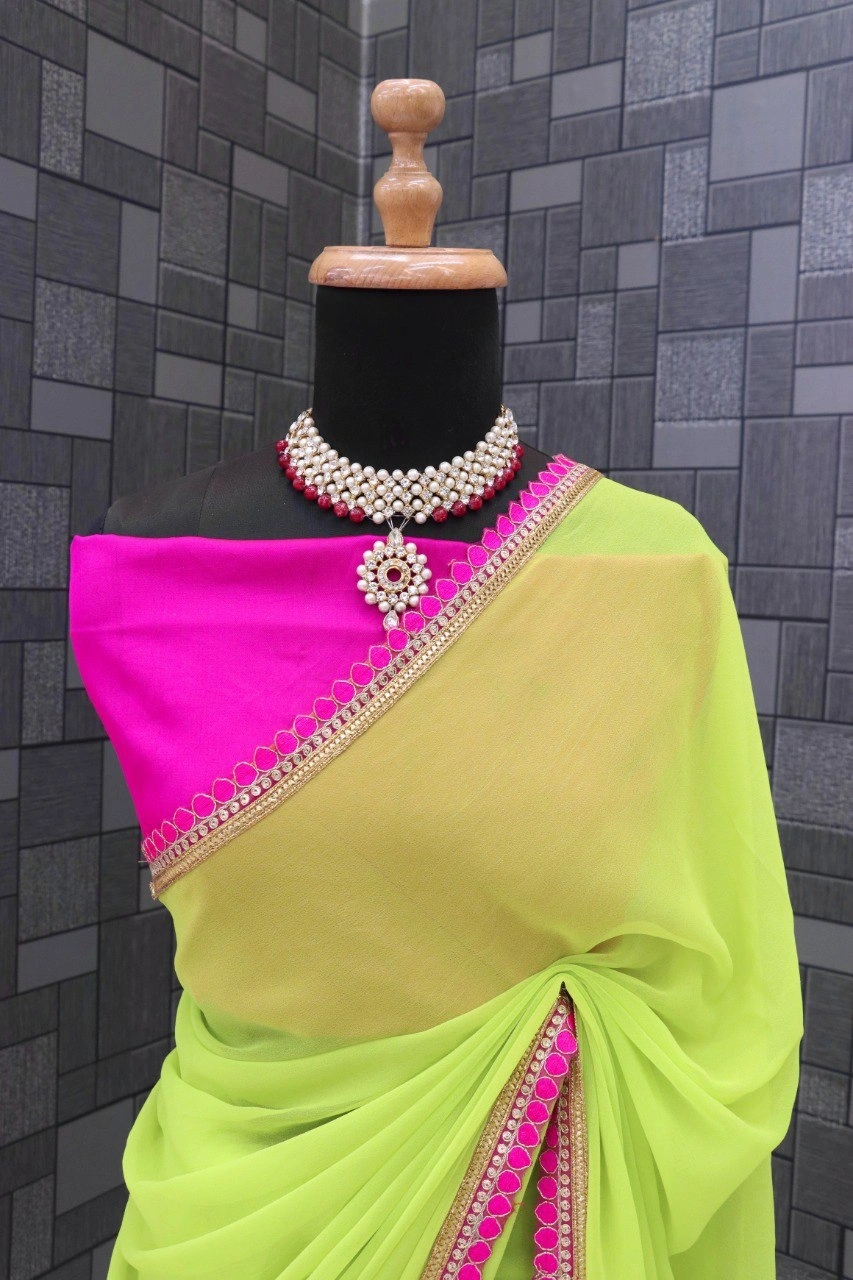 Elegant Designer Georgette Saree with Tafeta Silk Blouse-Green-1