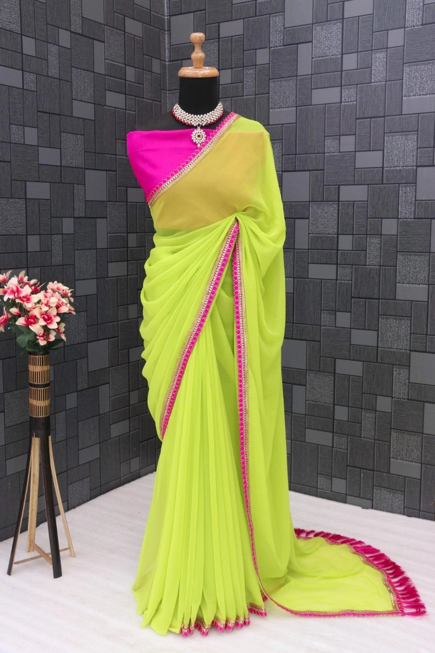 Elegant Designer Georgette Saree with Tafeta Silk Blouse-Green-2