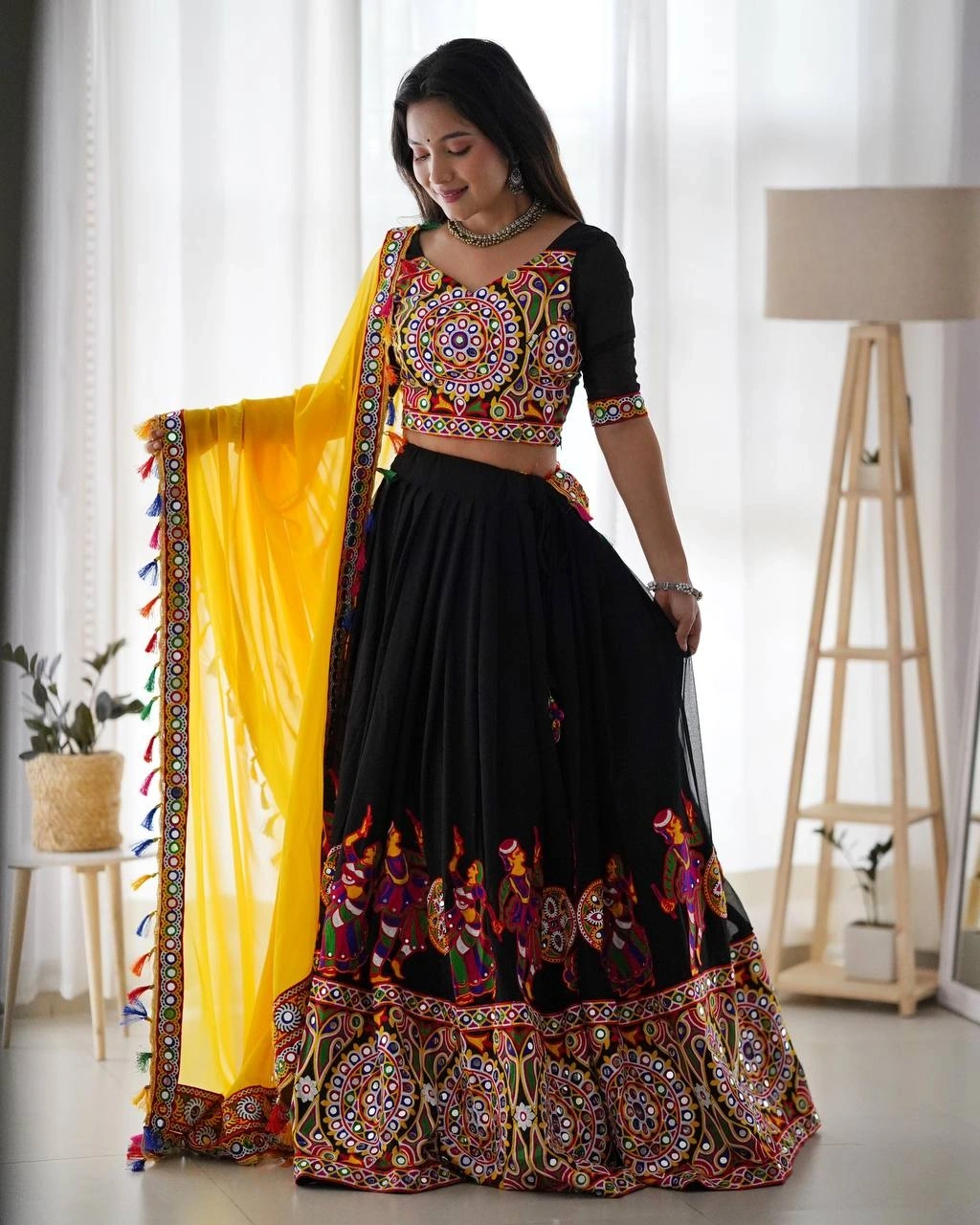 Elegant Original Mirror Work Georgette Lehenga Choli Set-Black-2