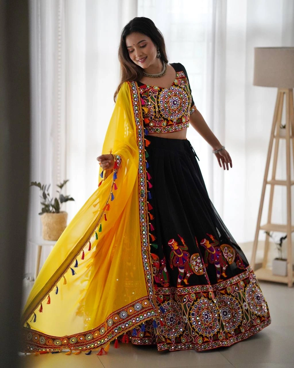 Elegant Original Mirror Work Georgette Lehenga Choli Set-Black-5